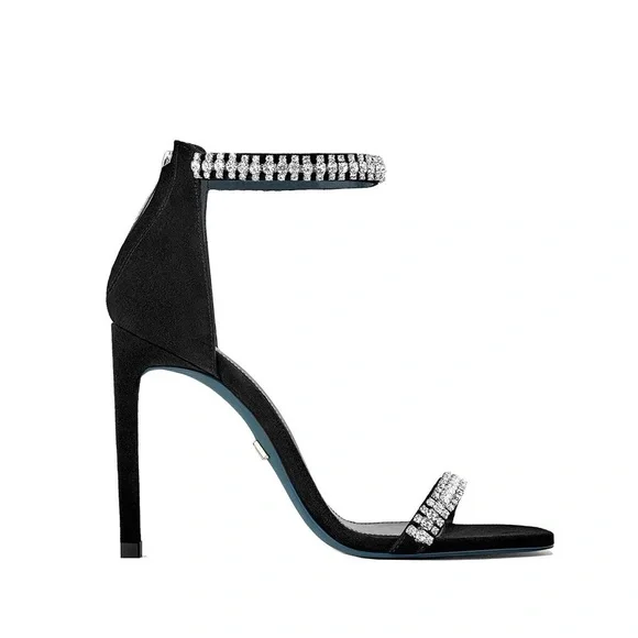 Zara Crystal Strap Black Suede Heels - Picture 2 of 11